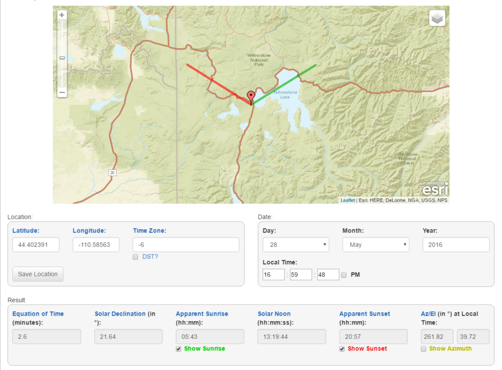 Screen Shot of NOAA Solar Calculator.